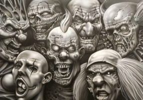 A group of seven creepy, zombie-like clown faces with exaggerated, grotesque features in black and white.