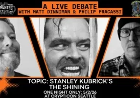 Debate poster with photos of two men and Jack Nicholson from The Shining; event details at bottom.