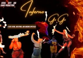 Performer eating and breathing fire, surrounded by flames; text reads "Inferno-a-GoGo: A Fire Spectacle.