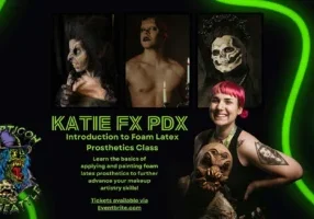 Advertisement for a foam latex prosthetics class featuring makeup artistry and cryptic themed designs.