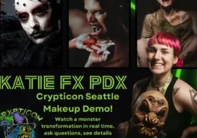 Three makeup artists in monster costumes for Crypticon Seattle. Bright green neon swirl background with event details.