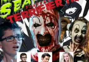 Horror event poster with creepy clowns plus photos of Elliott Fullam, David Howard Thornton, and a Terrifier Interview highlight.