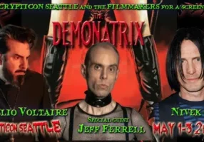 Three guests pose for "The Demonatrix" screening promo: Aurelio Voltaire, Jeff Ferrell, and Nivek Ogre.