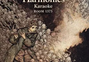 A frightened man faces a swarm of small, eerie creatures beneath the text: "Wicked Harmonies Karaoke.