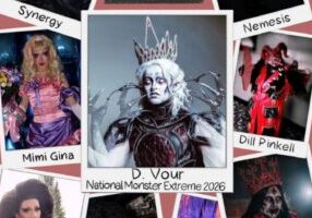 A collage of eight costumed performers in dramatic monster drag makeup at the Supreme Pageant—a true Crypt Monster photo op!.
