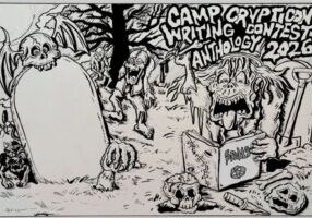 Cartoon monsters in a graveyard read a book under a sign: "Camp Crypticon Seattle Writing Contest Anthology 2026.