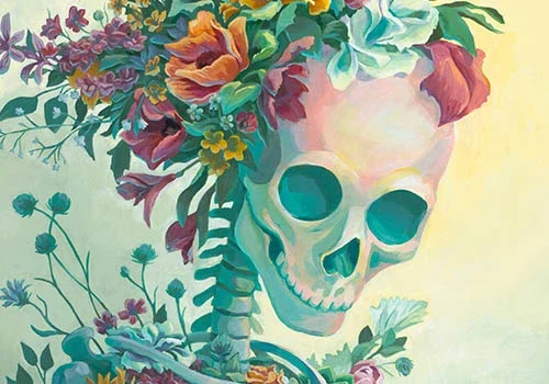 Artwork by Lisa LaRose: A skull embellished with flowers, illustrating a striking contrast between life and death through a dynamic bouquet.