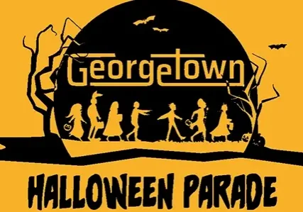 Silhouettes in costume with "Georgetown Halloween Parade" text, bats, trees, and a full moon celebrate arts and local culture.
