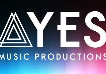 Logo with three outlined triangles and "YES Music Productions" on a dark gradient background.