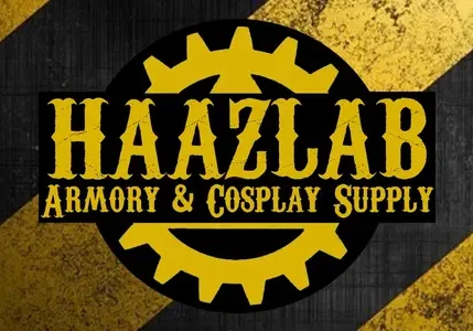 Yellow gear and "Haazlab Armory & Cosplay Supply" text on a black and yellow hazardous laboratory striped background.