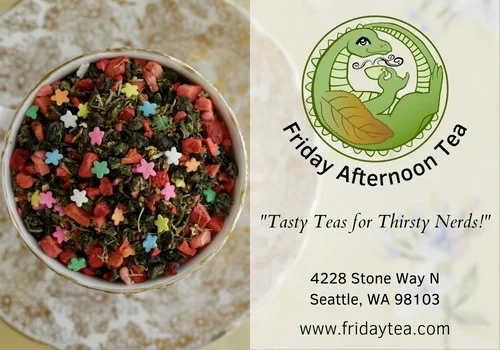 A bowl of colorful tea leaves sits next to the Friday Afternoon Tea logo, capturing the essence of a perfect Friday afternoon.