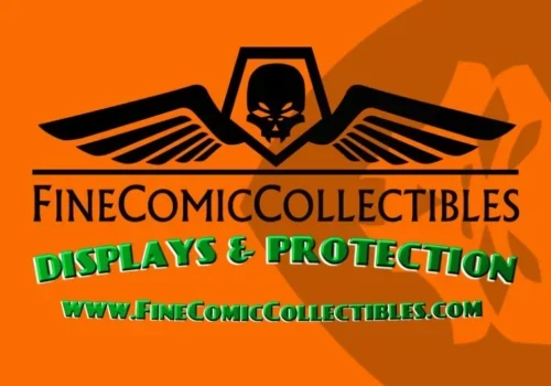 Orange background features a black winged skull logo and text: "FineComicCollectibles, Displays & Protection" for your cherished items.