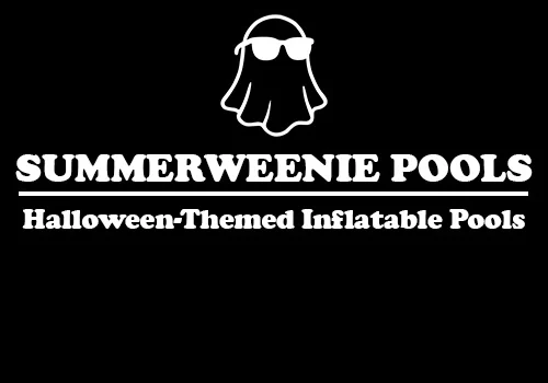 Logo with a ghost in sunglasses and text: "SUMMERWEENIE POOLS—spooky fun with summerweenie pools for Halloween!.
