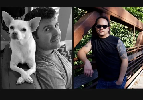 Left: Gordon B. White with dog on couch. Right: Luciano Marano, sunglasses and tattoo, leans on bridge outside.