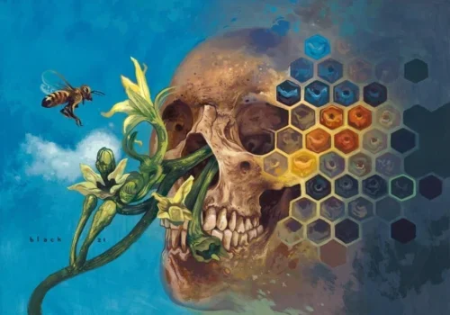 A bee flies toward a skull with honeycomb cells and plants, in the surreal style of Steven Russell Black, against a blue background.