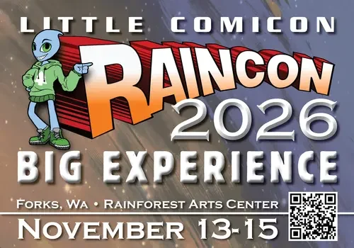 Cartoon alien in hoodie at "Raincon 2026" comic con event, November 13-15, Forks, WA, Rainforest Arts Center.