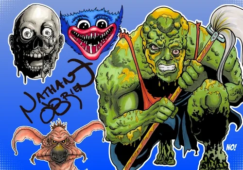 Colorful art collage with a zombie, monsters, dripping skull, and Nathan OBrien’s name on vibrant blue.