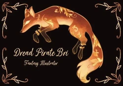 A whimsical orange fox adorned with floral patterns, surrounded by flourishes and the text "Dread Pirate Bri.