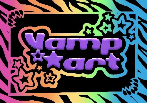 A vivid graffiti-style graphic inclusive of the words "vamp art" encased within stars, all displayed against a dynamic abstract backdrop.