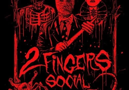Red horror-themed illustration of ghouls and spiders promoting Seattle's 2 Fingers Social Club: the city's unique movie bar.