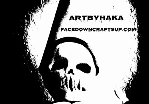An HAKA-inspired black and white image of a skull with a knife, creating a stunning piece of Art.