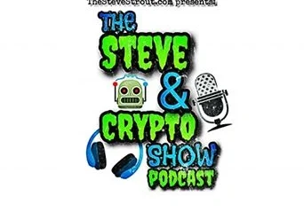 Logo for "The Steve & Crypto Show Podcast" featuring a robot adorned with a microphone and headphones.