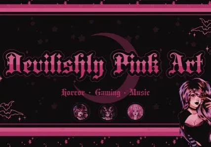 Dark gothic banner with “Devilishly Pink Art” text, bats, moon, and an illustrated woman with pink hair.