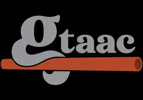 The word "gtaac" in gray letters, with a brown cylindrical pipe beneath, reflects Georgetown arts on a black background.