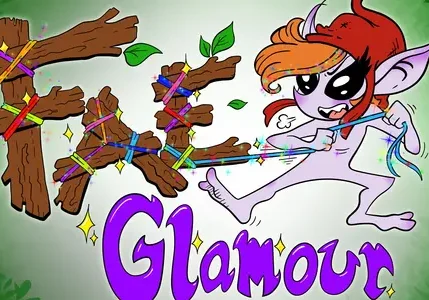 A fairy with sparkling Fairy Hair weaves rainbow string through sticks spelling "Fae" above the word "Glamour" in purple.