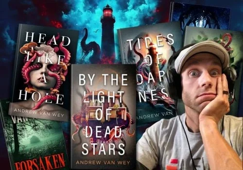 A man in headphones looks surprised, surrounded by eerie Tentacle Press book covers with tentacles and lighthouses.