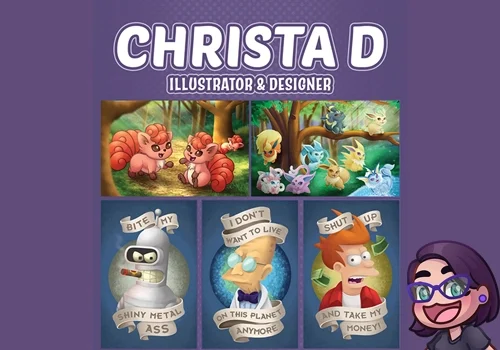 This is a promotional graphic for "Christa D, Illustrator & Designer". The design showcases cartoon illustrations of forest creatures with character quotes scattered throughout. The background is a vibrant purple and it's erroneously labeled as "Auto Draft".