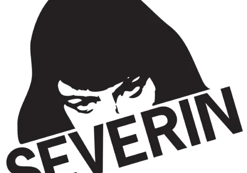 This is an artistic black and white photo of a woman, featuring the word "sevenrin" embedded within it.