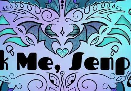 'Ink Me, Senpai' stylized text with ornate bat wings and patterns on a blue-purple gradient background.