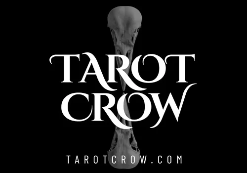 White text "TAROT CROW" over a crow skull on a black background; website "TAROTCROW.COM" below.