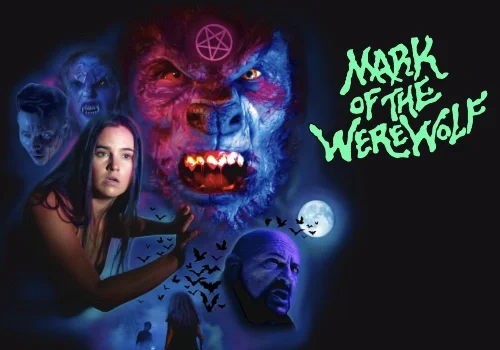 A woman looks frightened as a glowing werewolf and ominous faces appear; text reads "Mark of the Werewolf" from Dennis Vincent Films.