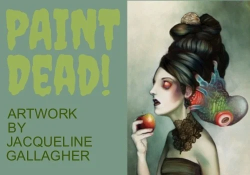 Surreal artwork by Jacqueline Gallagher of a woman with an elaborate hairstyle and colorful alien-like appendage, holding an apple.