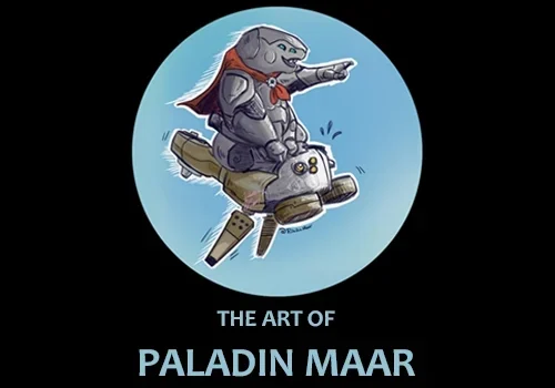 A cartoon elephant knight in armor and cape rides a flying wooden horse. Art by Paladin Maar.
