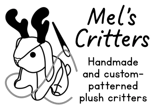 Illustration of a jackalope plush with a needle and thread, showcasing Mel's Critters: Handmade plush critters.