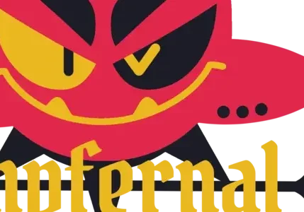A red, devilish cartoon face with yellow eyes and "Imofernal" written below in yellow text.