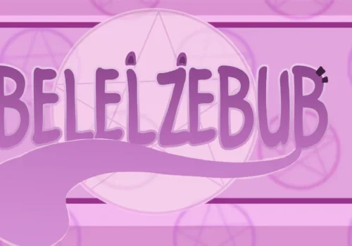 Purple "BEELZEBUB" text with horns and tail, over a pentagram pattern background in various shades of pink.