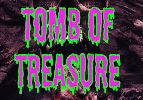 The image showcases "Tomb of Treasure" in neon letters, illuminating the dark, rocky background with a hint of mystery.
