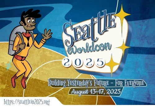 Retro-themed cartoon character eagerly promoting Seattle Worldcon 2025, set for August 13-17 in the vibrant city of Seattle.