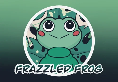 Cartoon frog with rosy cheeks in a circle, "Frazzled Frog" text below, set on a lively green background.