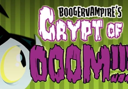 Cartoon character with "Boogervampire's Crypt of DOOM!!!" text on a green striped background.
