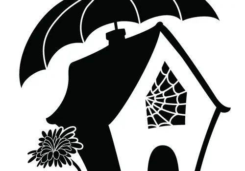 A cartoon house dubbed Uncommon Cottage, with a cobwebbed window and umbrella roof, stands beside a blooming flower.