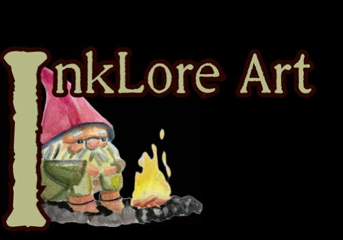 The Inklore art logo features stylized text and depicts a gnome seated by a campfire against a dark backdrop, symbolizing the feat of literary creativity.