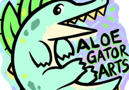 Cartoon alligator with aloe-like leaves on its back and "Aloegator Arts" text on a vibrant, colorful background.