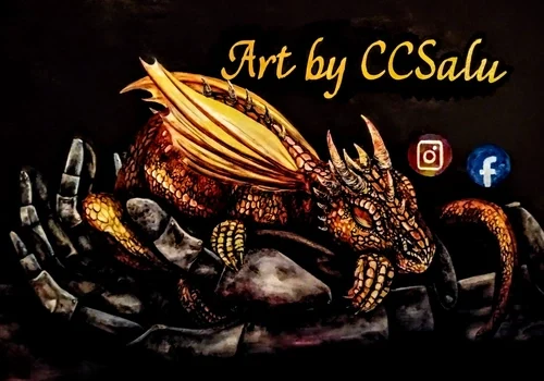 A golden dragon rests on a gray hand with "Art by CCSalu" and social icons above it.