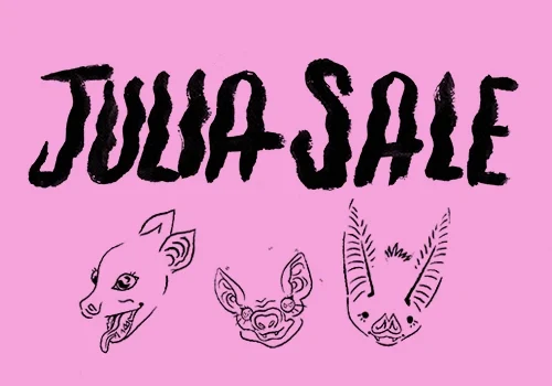 Black text "JULIA SALE" above three stylized, hand-drawn animal heads on a pink background by Julia Sale Art.
