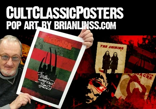 Man holding a cult classic posters horror movie print with bold text: "Cult Classic Posters Pop Art by BrianLinss.com".